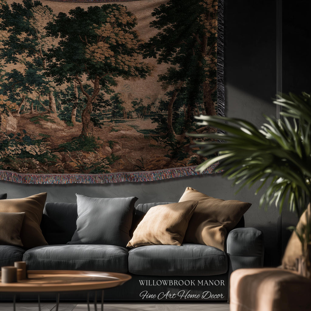 Woodland Forest Woven Blanket Wall Tapestry Decor | Antique French Textile Jacquard Tree Scene Art Traditional Greenery Pond Landscape Throw