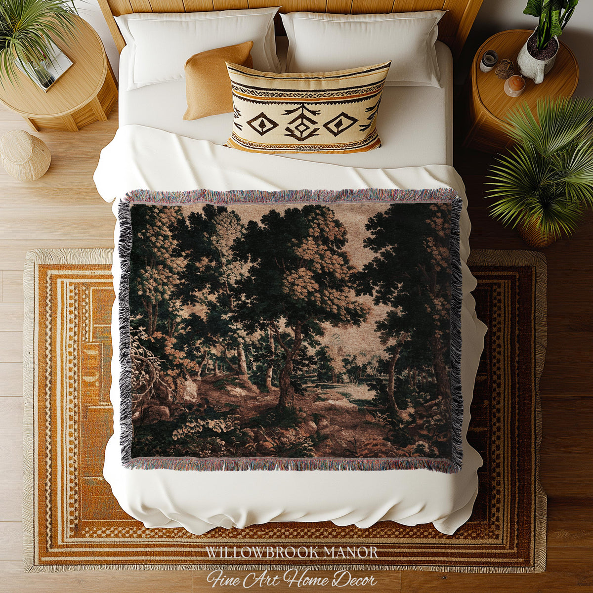 Woodland Forest Woven Blanket Wall Tapestry Decor | Antique French Textile Jacquard Tree Scene Art Traditional Greenery Pond Landscape Throw