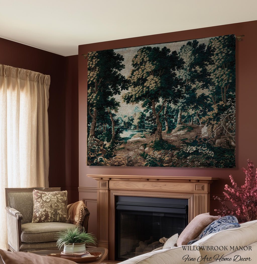 Antique Landscape Verdure Woven Woodland Scene European Tapestries | French Jacquard Heirloom Textile 17th Century Tapestry Classic Wall Art