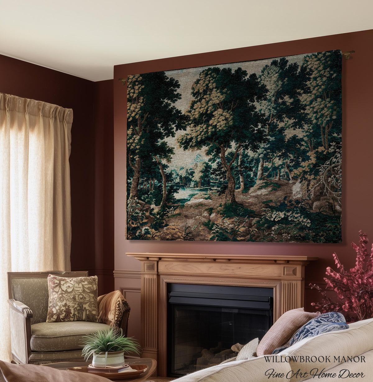 Antique Landscape Verdure Woven Woodland Scene European Tapestries | French Jacquard Heirloom Textile 17th Century Tapestry Classic Wall Art