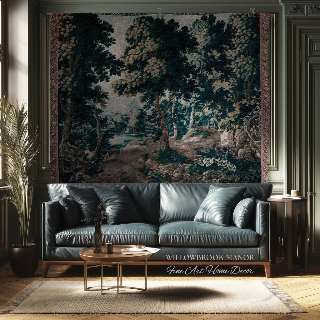 Antique Landscape Verdure Woven Woodland Scene European Tapestries | French Jacquard Heirloom Textile 17th Century Tapestry Classic Wall Art