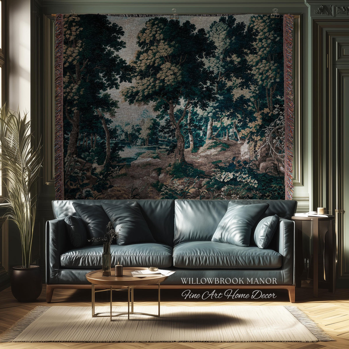 Antique Landscape Verdure Woven Woodland Scene European Tapestries | French Jacquard Heirloom Textile 17th Century Tapestry Classic Wall Art