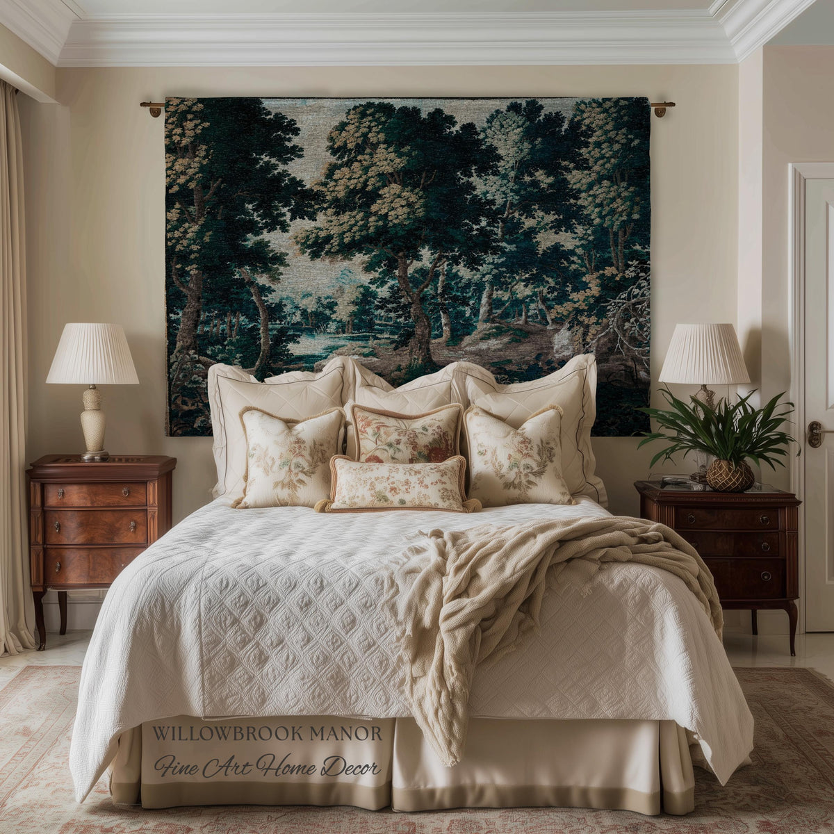 Antique Landscape Verdure Woven Woodland Scene European Tapestries | French Jacquard Heirloom Textile 17th Century Tapestry Classic Wall Art