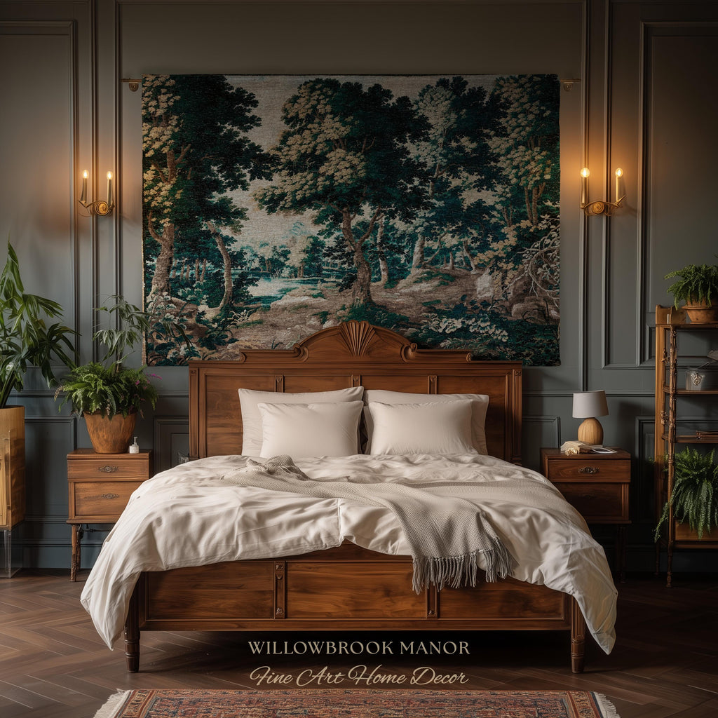 Antique Landscape Verdure Woven Woodland Scene European Tapestries | French Jacquard Heirloom Textile 17th Century Tapestry Classic Wall Art