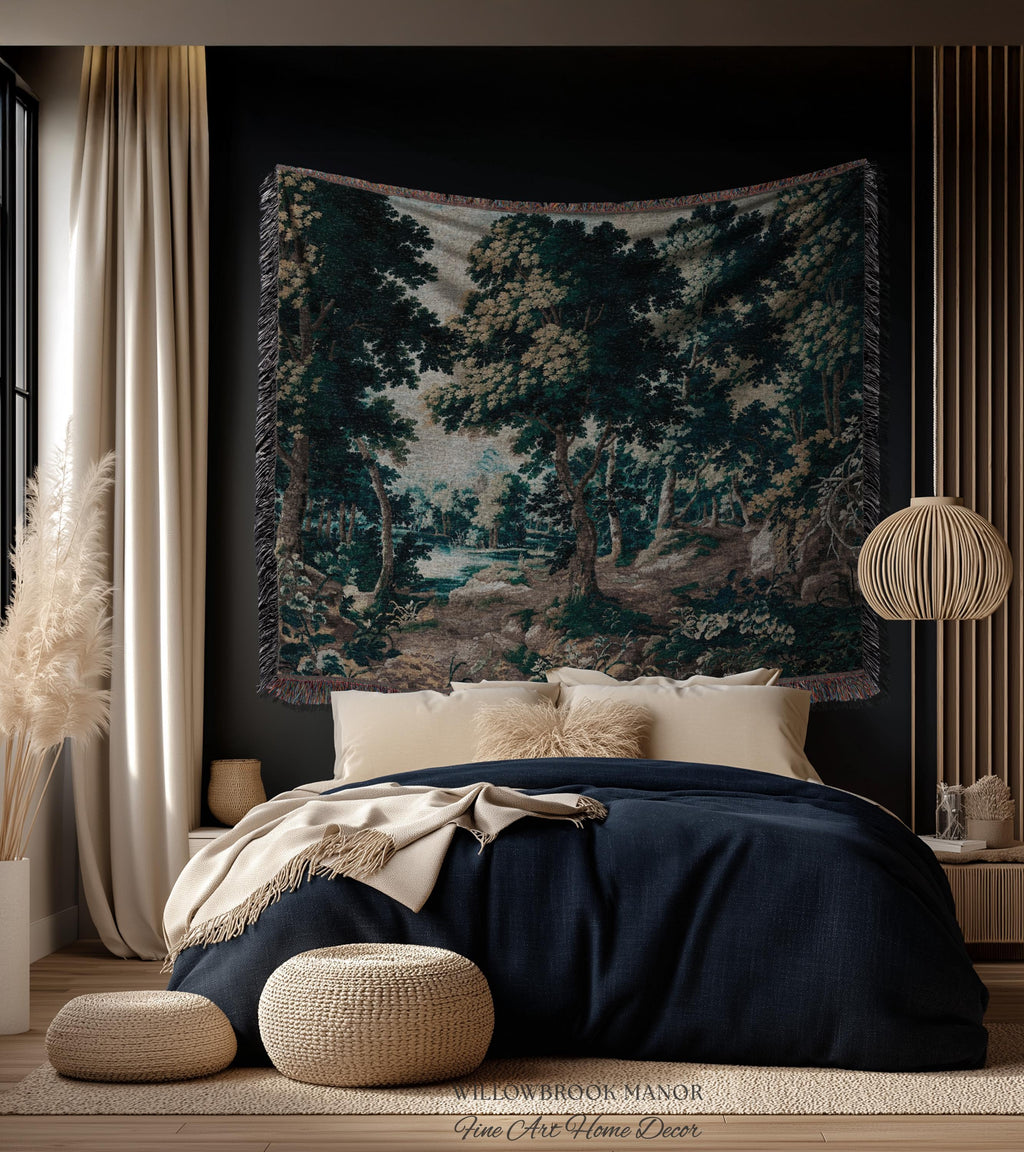 Antique Landscape Verdure Woven Woodland Scene European Tapestries | French Jacquard Heirloom Textile 17th Century Tapestry Classic Wall Art