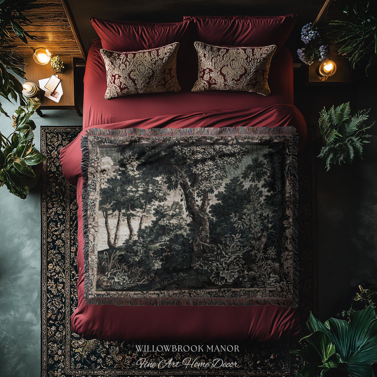 Enchanted Forest English Woodland Elegant Textile Art, Antique Cottage Style Decor Verdant Verdure Tapestry Woven Throw Nature Wall Hanging