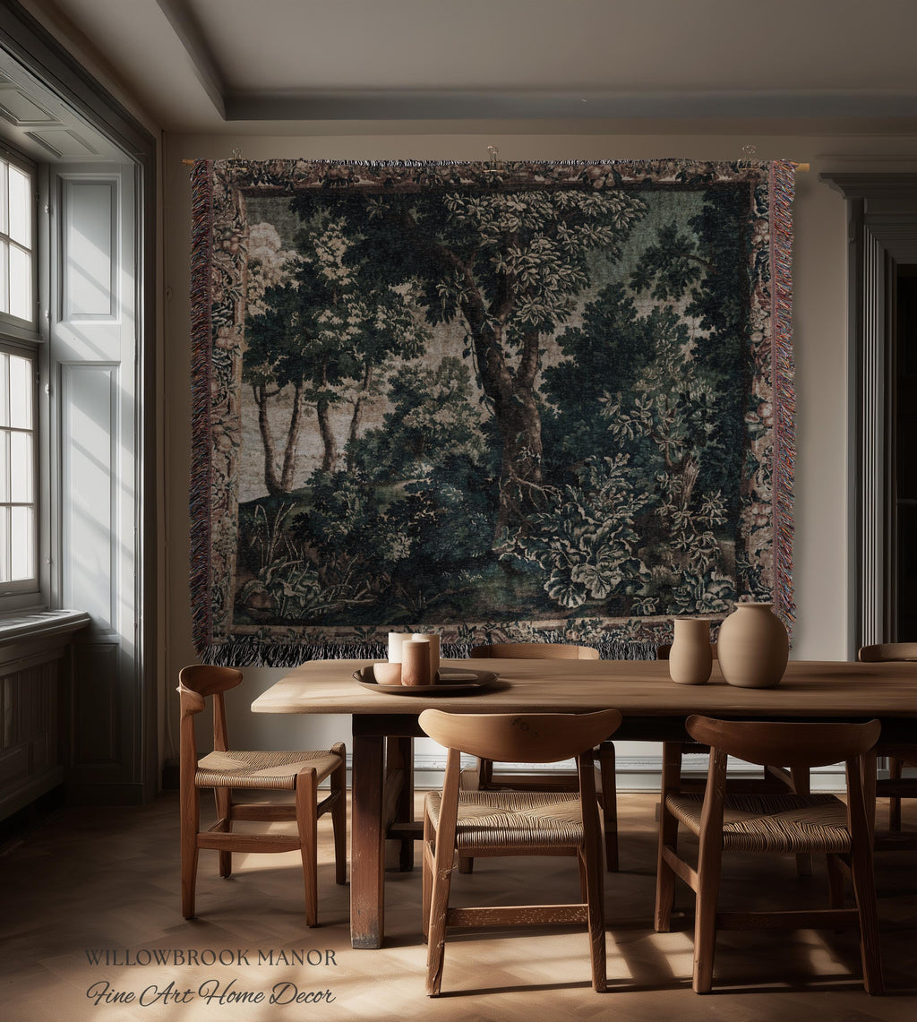 Enchanted Forest English Woodland Elegant Textile Art, Antique Cottage Style Decor Verdant Verdure Tapestry Woven Throw Nature Wall Hanging
