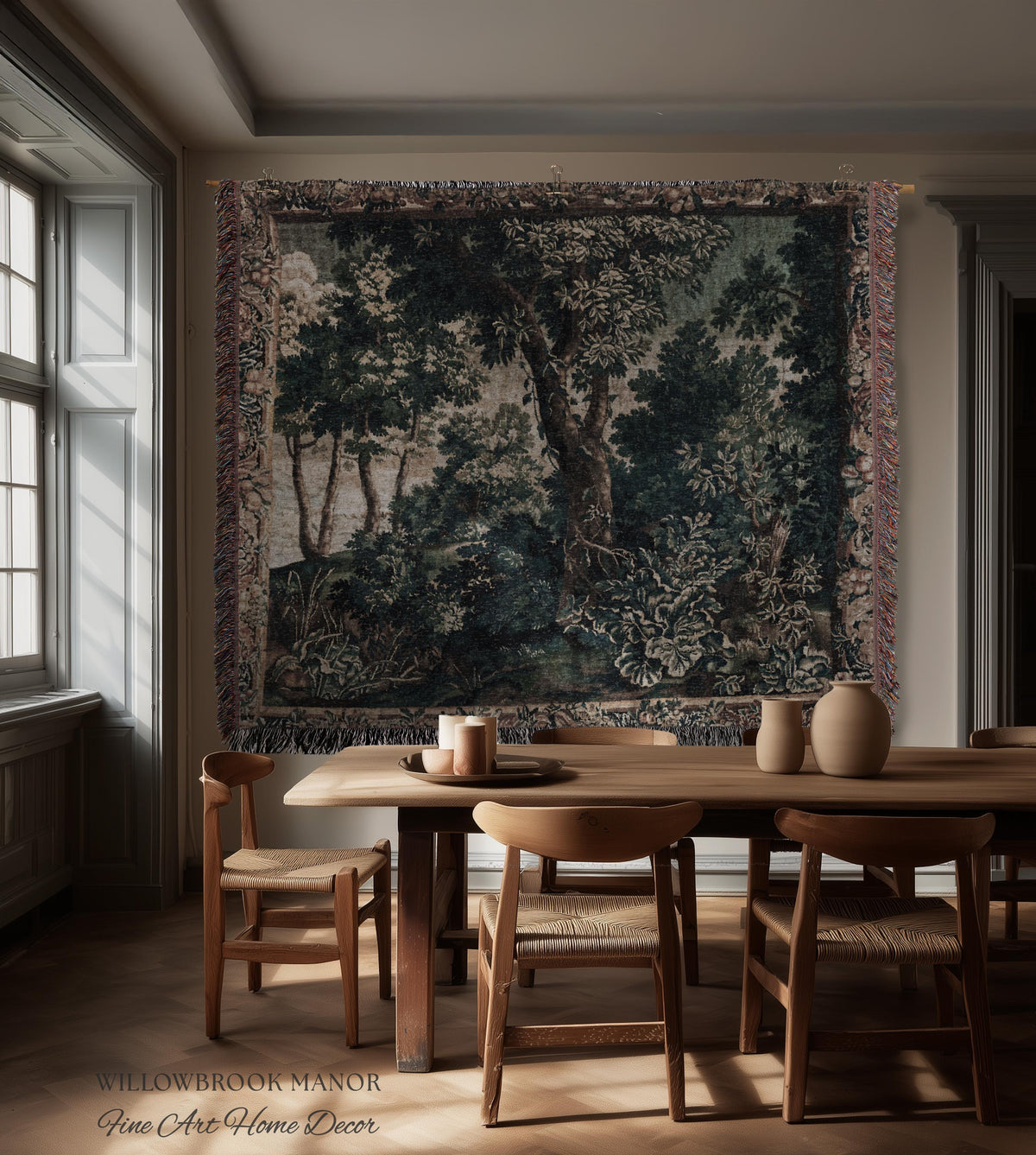 Enchanted Forest English Woodland Elegant Textile Art, Antique Cottage Style Decor Verdant Verdure Tapestry Woven Throw Nature Wall Hanging