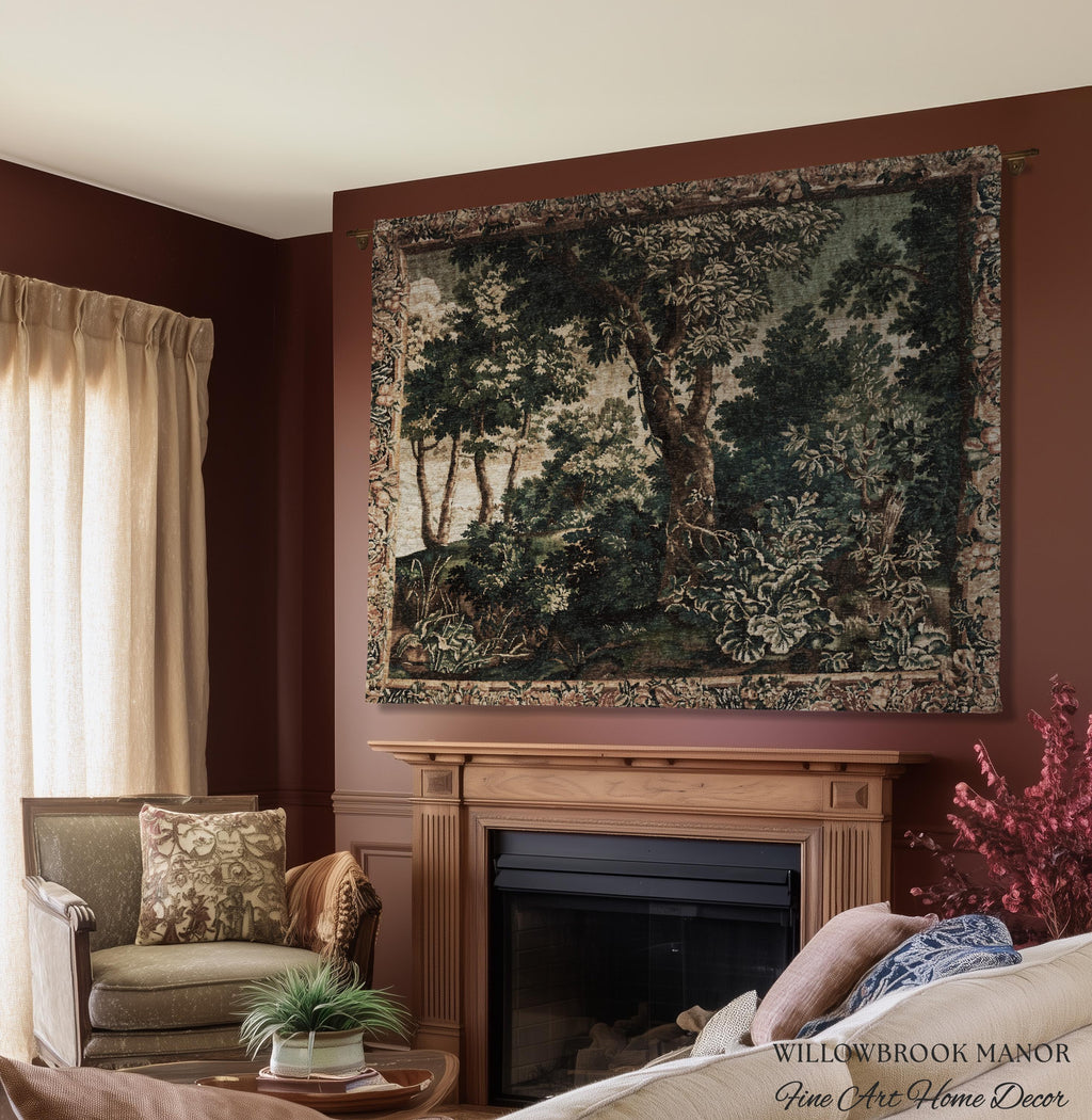 Enchanted Forest English Woodland Elegant Textile Art, Antique Cottage Style Decor Verdant Verdure Tapestry Woven Throw Nature Wall Hanging