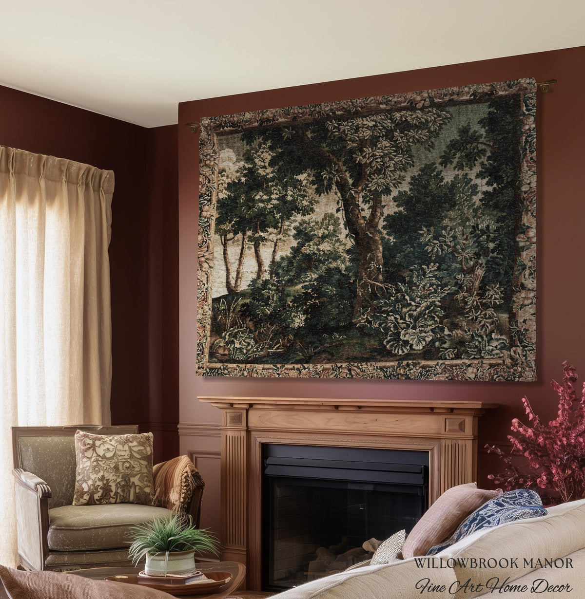 Enchanted Forest English Woodland Elegant Textile Art, Antique Cottage Style Decor Verdant Verdure Tapestry Woven Throw Nature Wall Hanging