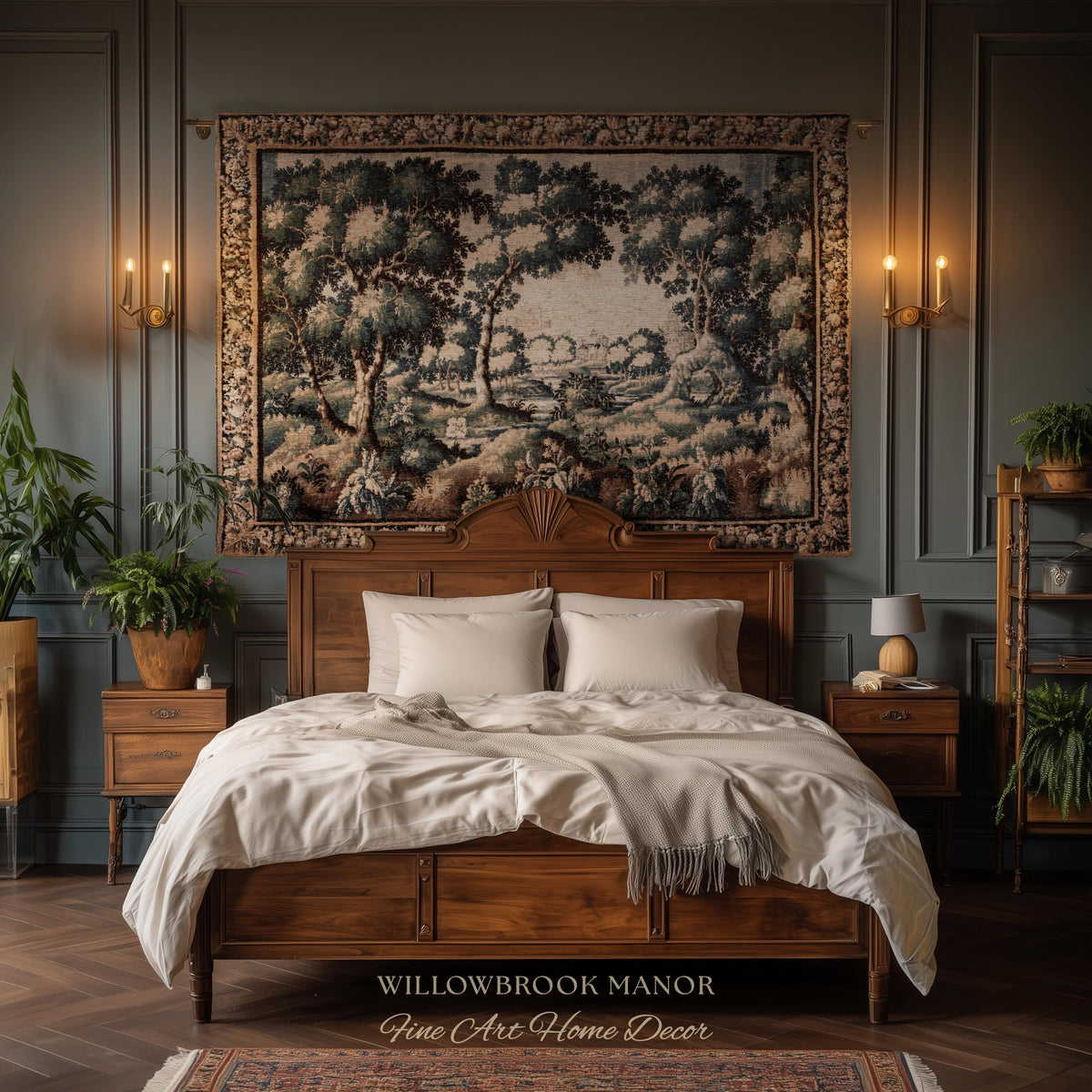 Forest Flora Scenic Tapestry Countryside Wall Art Pastoral Chateau Decor | European Inspired Rustic Nature Woven Blanket Traditional Decor