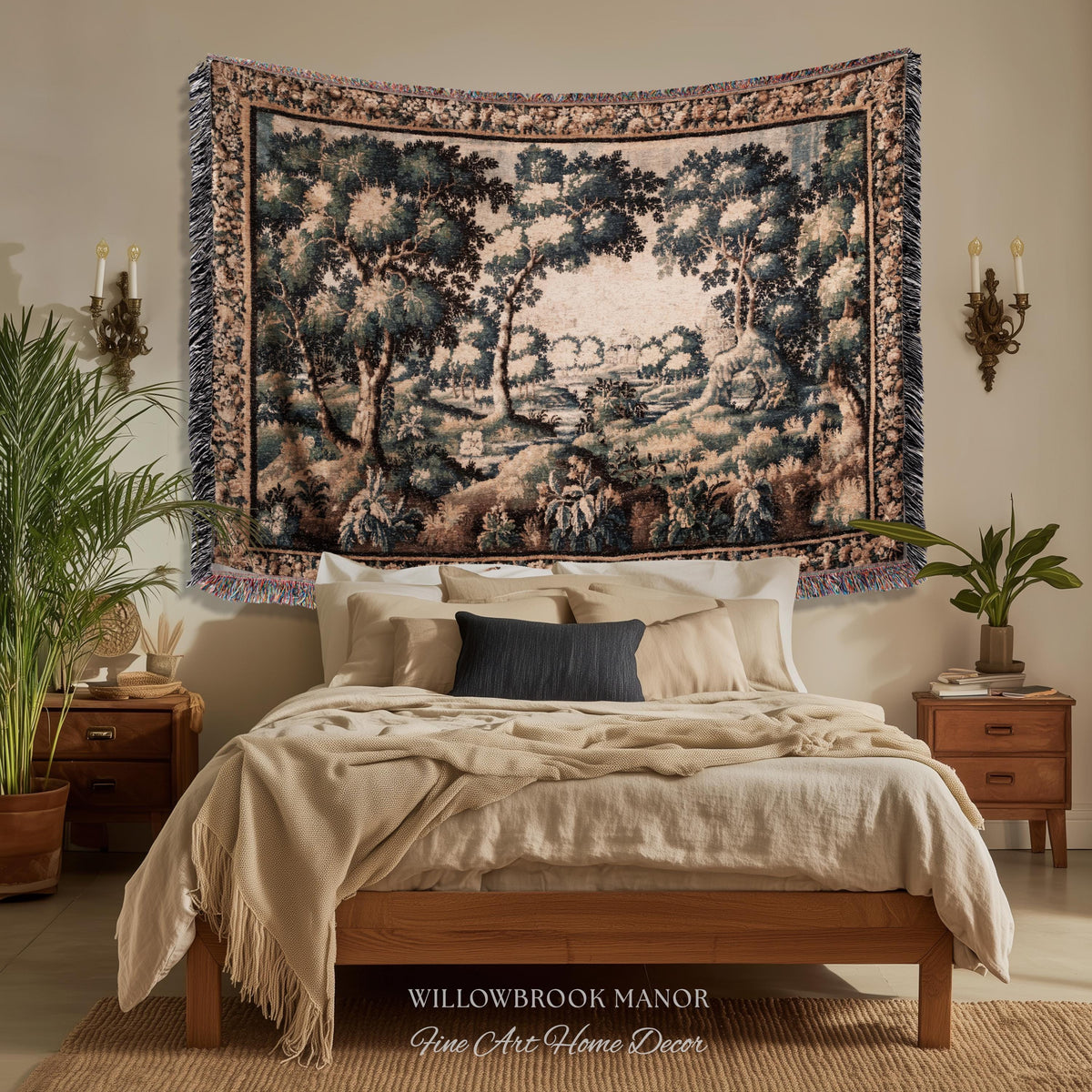 Forest Flora Scenic Tapestry Countryside Wall Art Pastoral Chateau Decor | European Inspired Rustic Nature Woven Blanket Traditional Decor