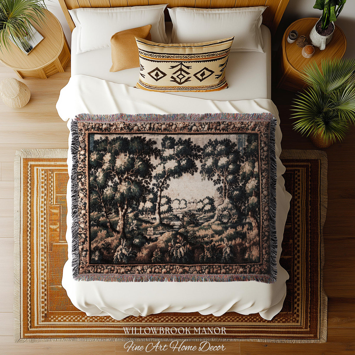 Forest Flora Scenic Tapestry Countryside Wall Art Pastoral Chateau Decor | European Inspired Rustic Nature Woven Blanket Traditional Decor