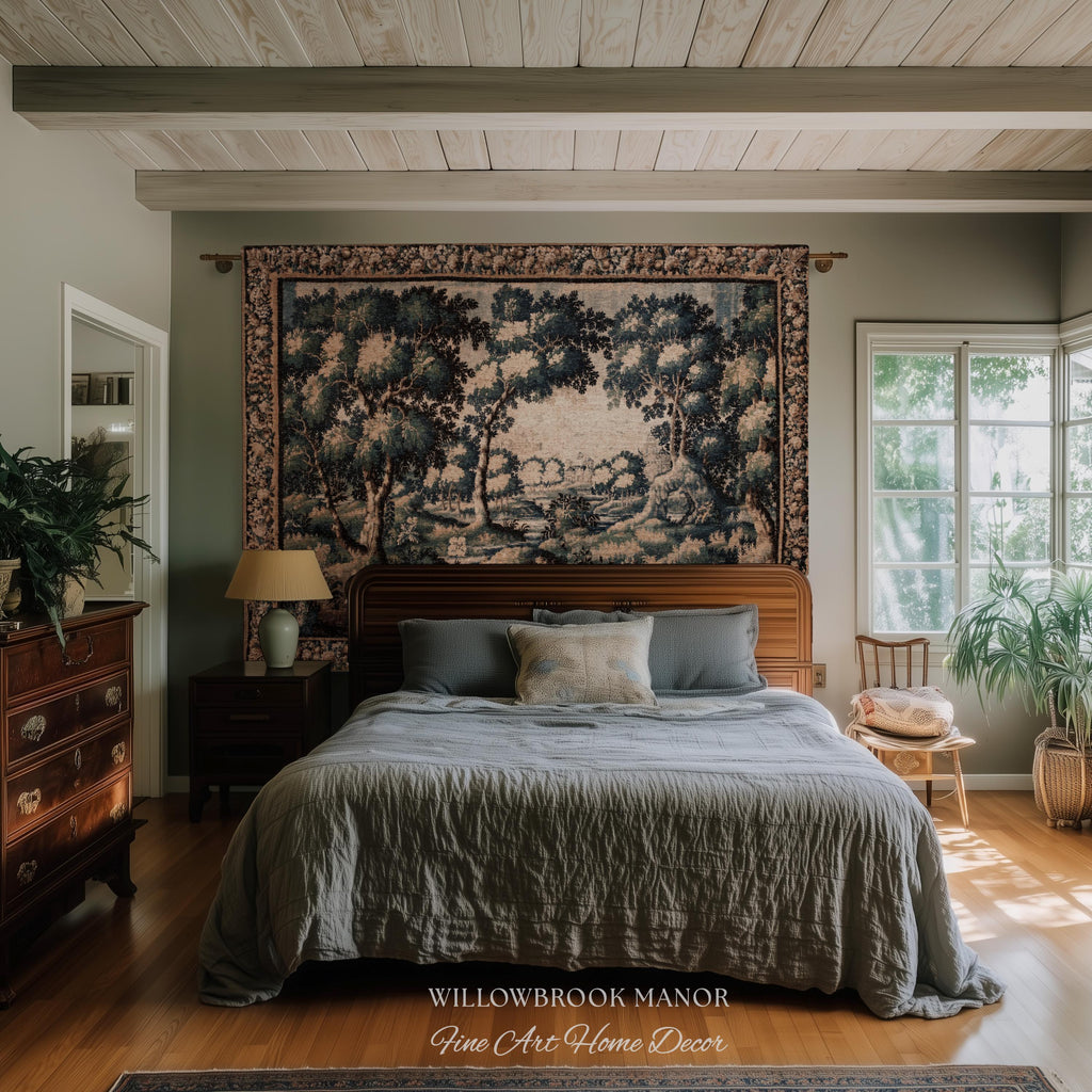 Forest Flora Scenic Tapestry Countryside Wall Art Pastoral Chateau Decor | European Inspired Rustic Nature Woven Blanket Traditional Decor