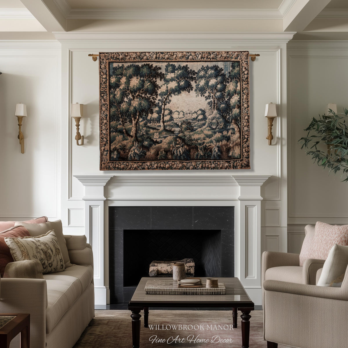 Forest Flora Scenic Tapestry Countryside Wall Art Pastoral Chateau Decor | European Inspired Rustic Nature Woven Blanket Traditional Decor