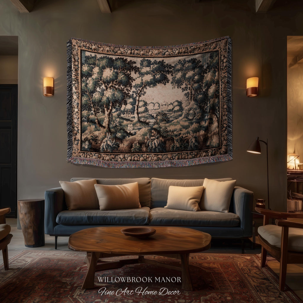 Forest Flora Scenic Tapestry Countryside Wall Art Pastoral Chateau Decor | European Inspired Rustic Nature Woven Blanket Traditional Decor
