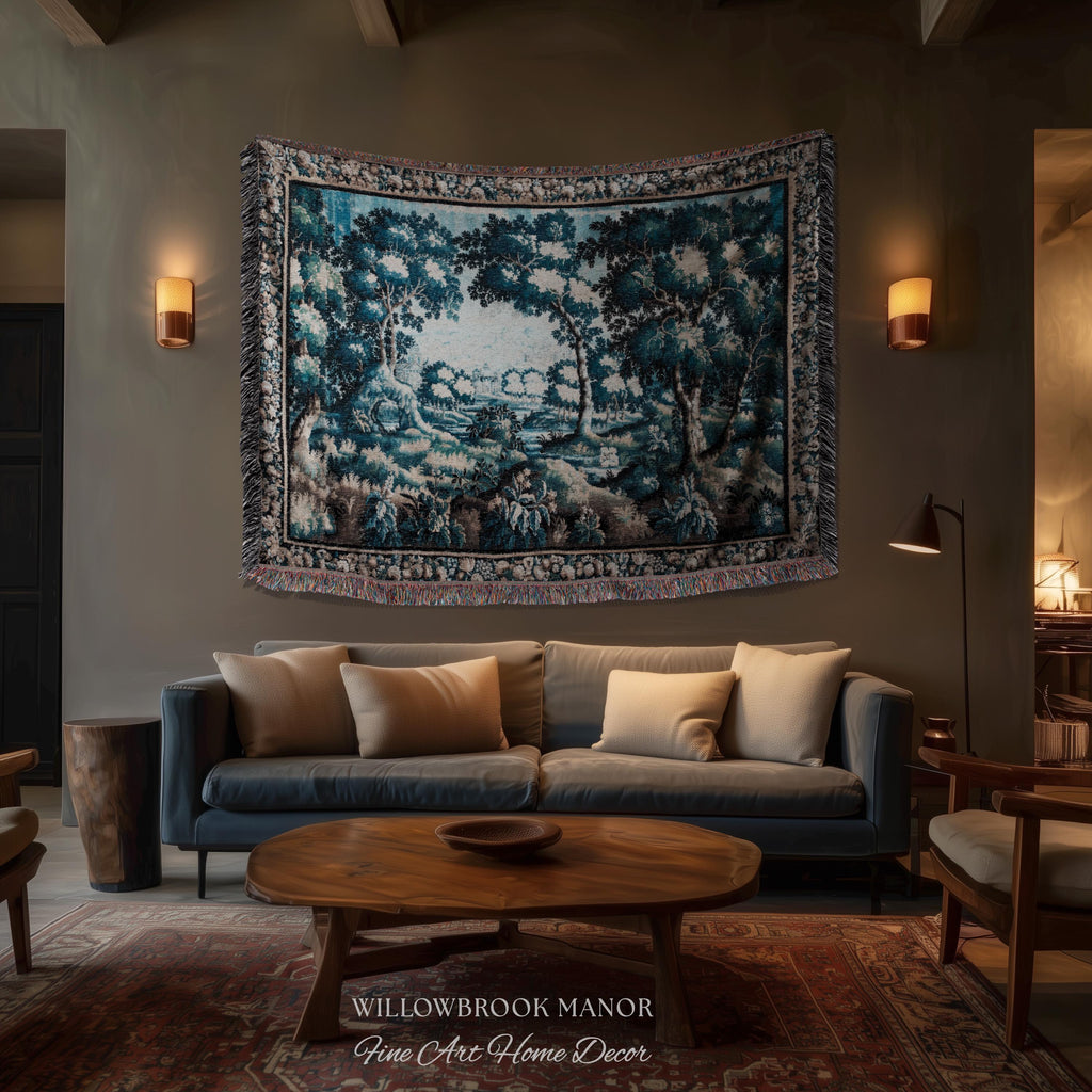 Timeless Chateau Style French Aubusson Tapestry Throw | Blue Vintage Indigo Landscape Woodland River Art Rustic Luxury Woven Blanket Decor