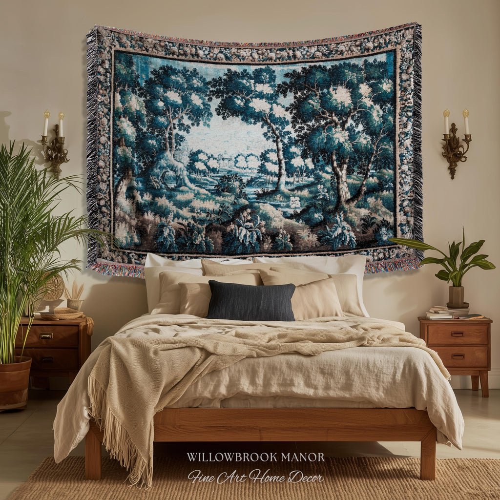 Timeless Chateau Style French Aubusson Tapestry Throw | Blue Vintage Indigo Landscape Woodland River Art Rustic Luxury Woven Blanket Decor