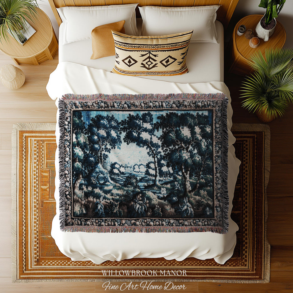 Timeless Chateau Style French Aubusson Tapestry Throw | Blue Vintage Indigo Landscape Woodland River Art Rustic Luxury Woven Blanket Decor