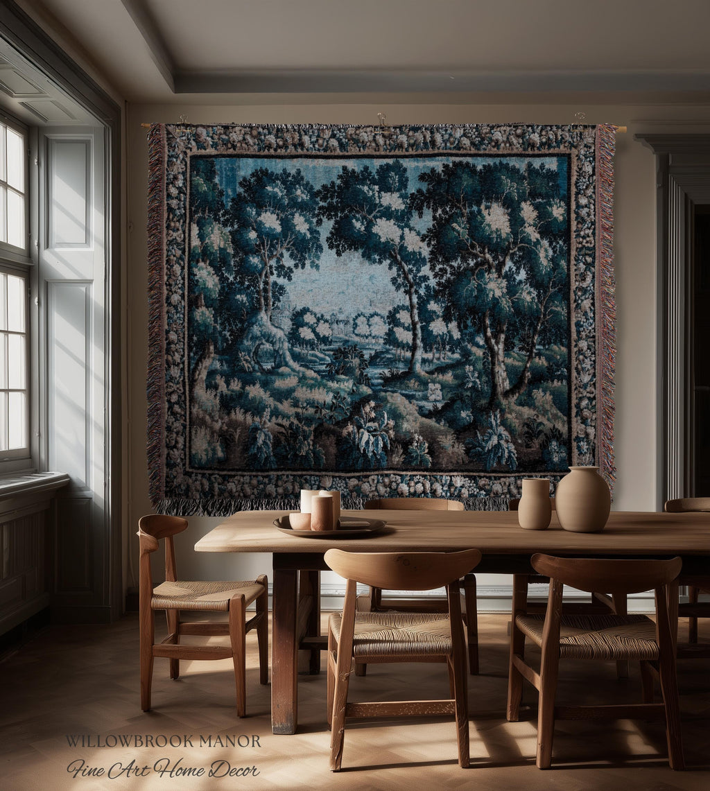 Timeless Chateau Style French Aubusson Tapestry Throw | Blue Vintage Indigo Landscape Woodland River Art Rustic Luxury Woven Blanket Decor