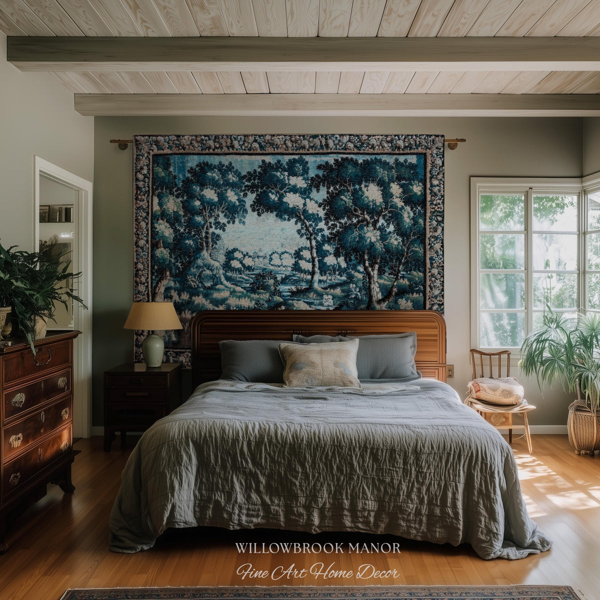 Timeless Chateau Style French Aubusson Tapestry Throw | Blue Vintage Indigo Landscape Woodland River Art Rustic Luxury Woven Blanket Decor