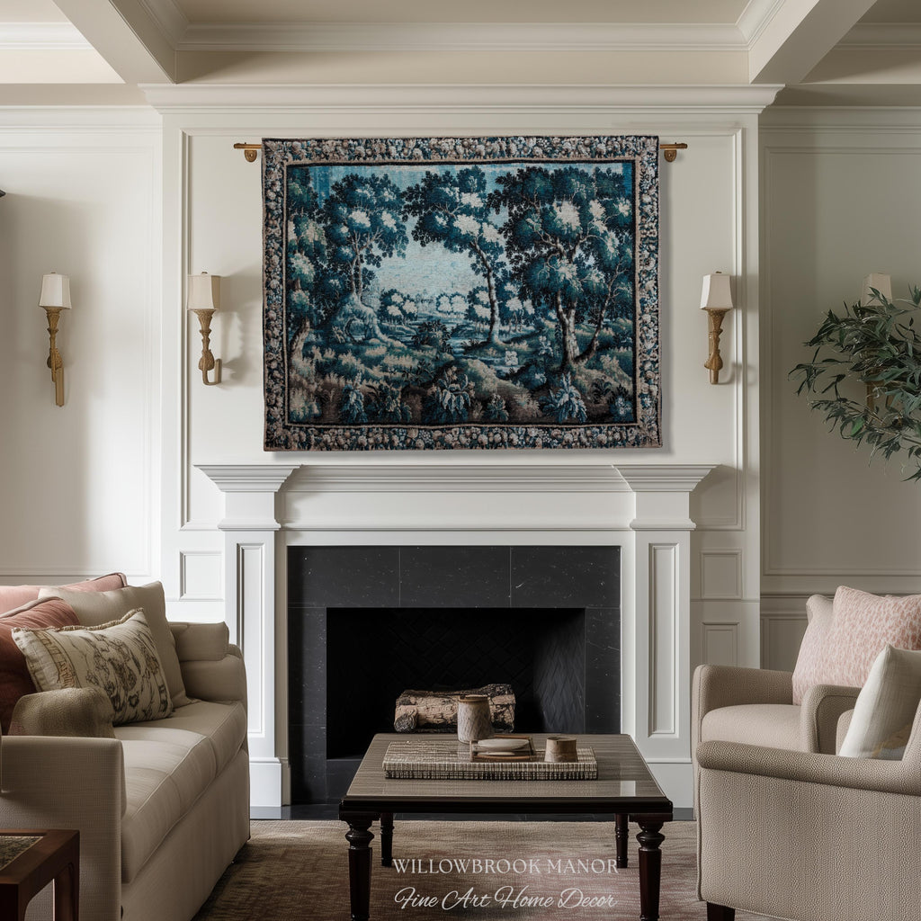 Timeless Chateau Style French Aubusson Tapestry Throw | Blue Vintage Indigo Landscape Woodland River Art Rustic Luxury Woven Blanket Decor