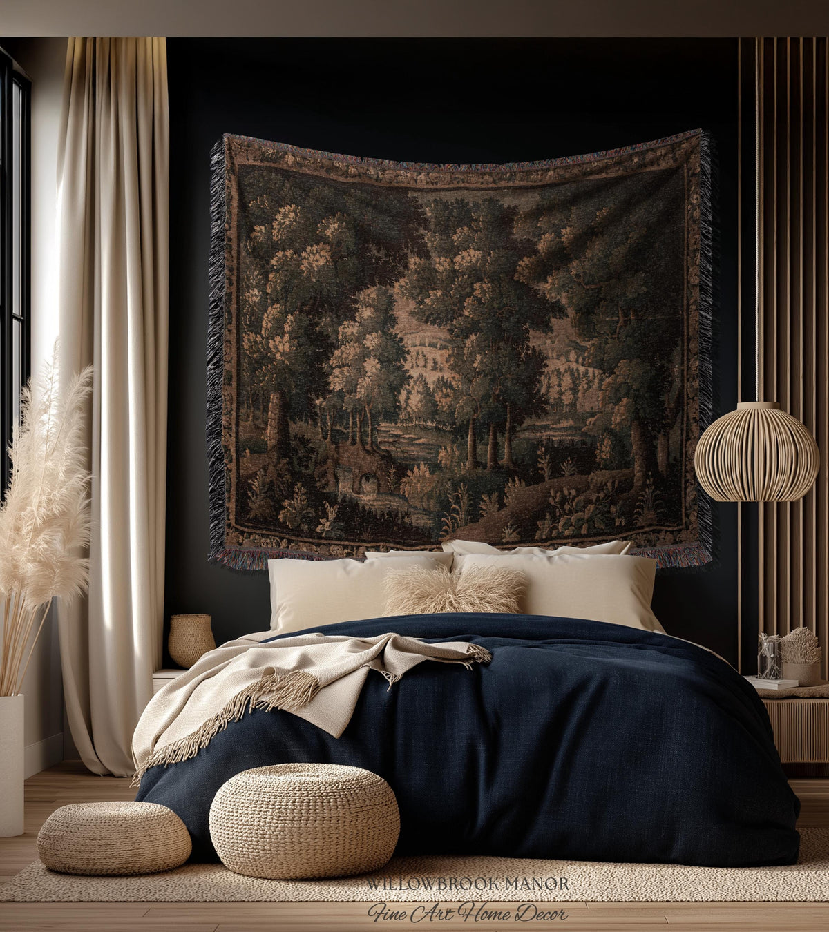 Rural Landscape French Jacquard Woven Throw Warm Earth Tone Verdure Blanket, Traditional Historic Forest Scene Textile Rustic Antique Decor