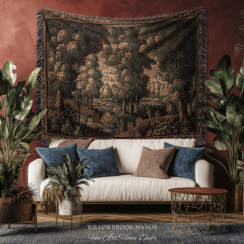 Rural Landscape French Jacquard Woven Throw Warm Earth Tone Verdure Blanket, Traditional Historic Forest Scene Textile Rustic Antique Decor