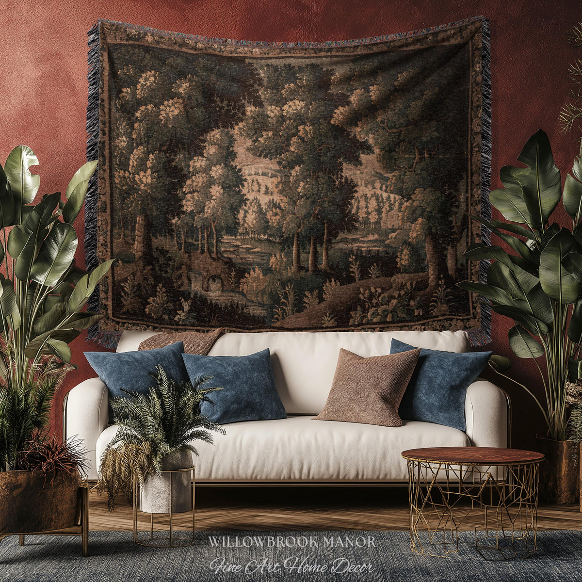 Rural Landscape French Jacquard Woven Throw Warm Earth Tone Verdure Blanket, Traditional Historic Forest Scene Textile Rustic Antique Decor