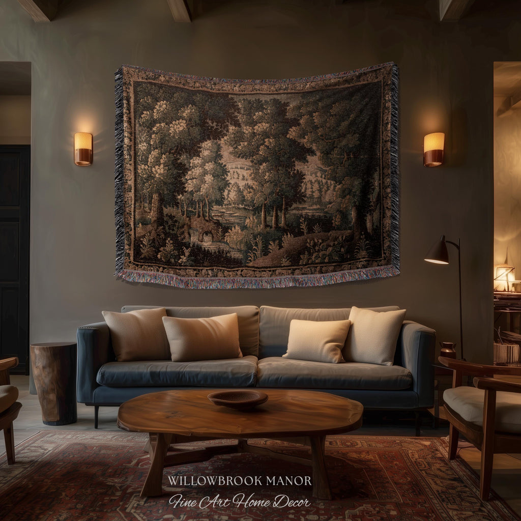 Rural Landscape French Jacquard Woven Throw Warm Earth Tone Verdure Blanket, Traditional Historic Forest Scene Textile Rustic Antique Decor