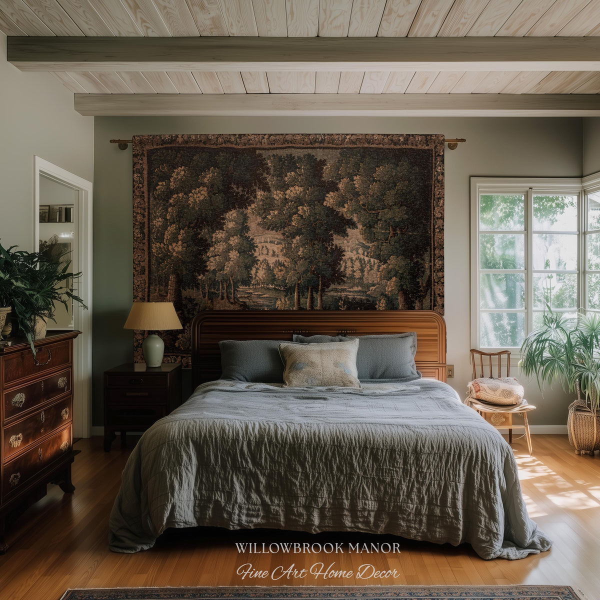 Rural Landscape French Jacquard Woven Throw Warm Earth Tone Verdure Blanket, Traditional Historic Forest Scene Textile Rustic Antique Decor