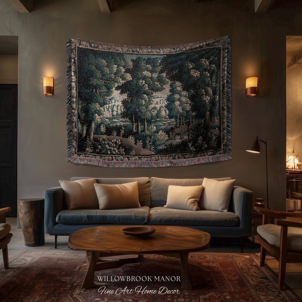 17th Century French Verdure Woodland Tapestry Throw Woven Forest River Landscape Textile Art | Aubusson Style Antique Country Manor Wall Art