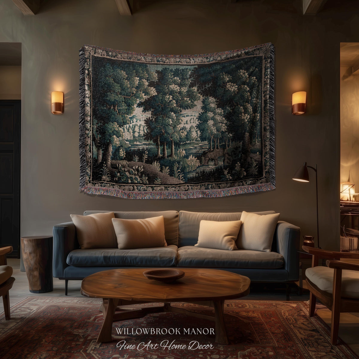 17th Century French Verdure Woodland Tapestry Throw Woven Forest River Landscape Textile Art | Aubusson Style Antique Country Manor Wall Art