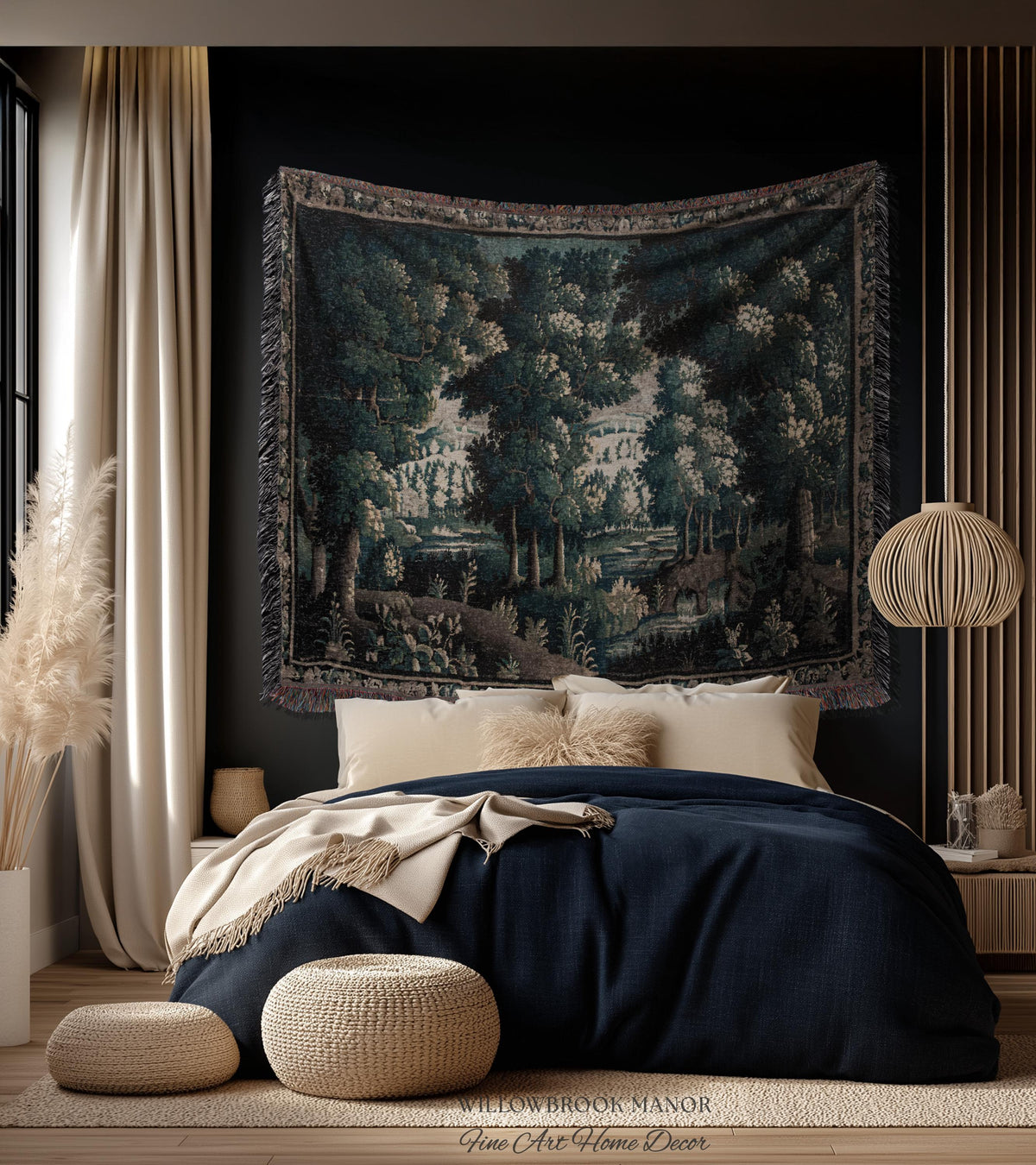 17th Century French Verdure Woodland Tapestry Throw Woven Forest River Landscape Textile Art | Aubusson Style Antique Country Manor Wall Art
