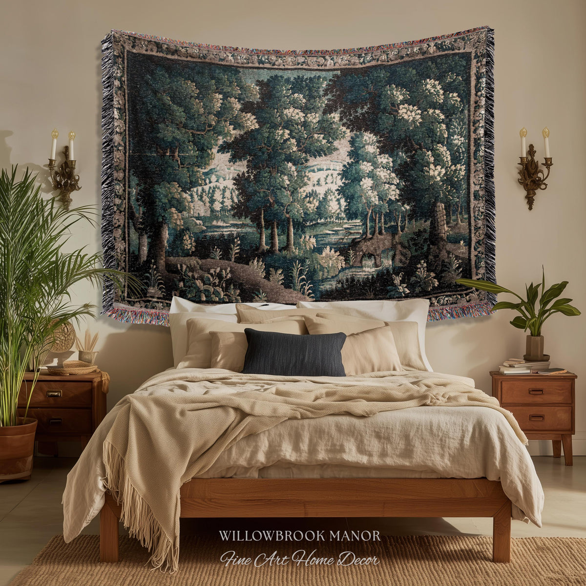 17th Century French Verdure Woodland Tapestry Throw Woven Forest River Landscape Textile Art | Aubusson Style Antique Country Manor Wall Art