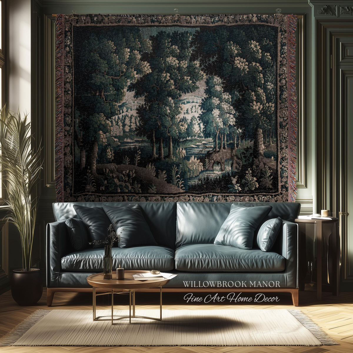 17th Century French Verdure Woodland Tapestry Throw Woven Forest River Landscape Textile Art | Aubusson Style Antique Country Manor Wall Art