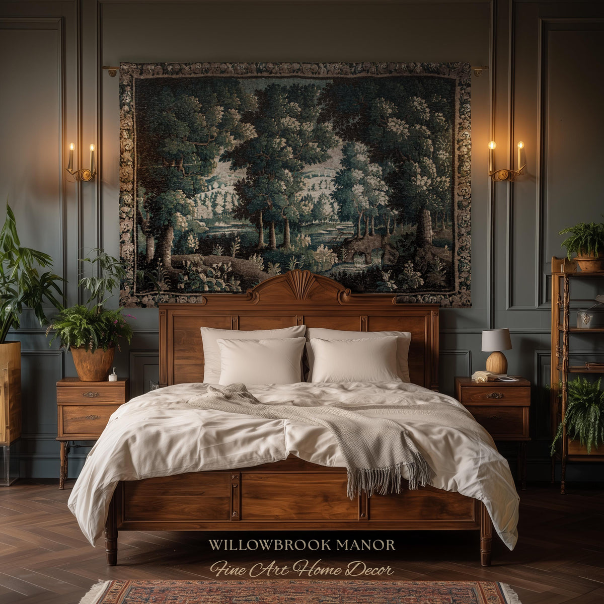 17th Century French Verdure Woodland Tapestry Throw Woven Forest River Landscape Textile Art | Aubusson Style Antique Country Manor Wall Art