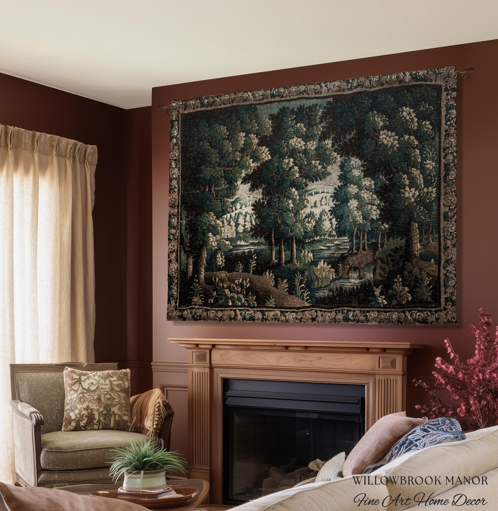 17th Century French Verdure Woodland Tapestry Throw Woven Forest River Landscape Textile Art | Aubusson Style Antique Country Manor Wall Art