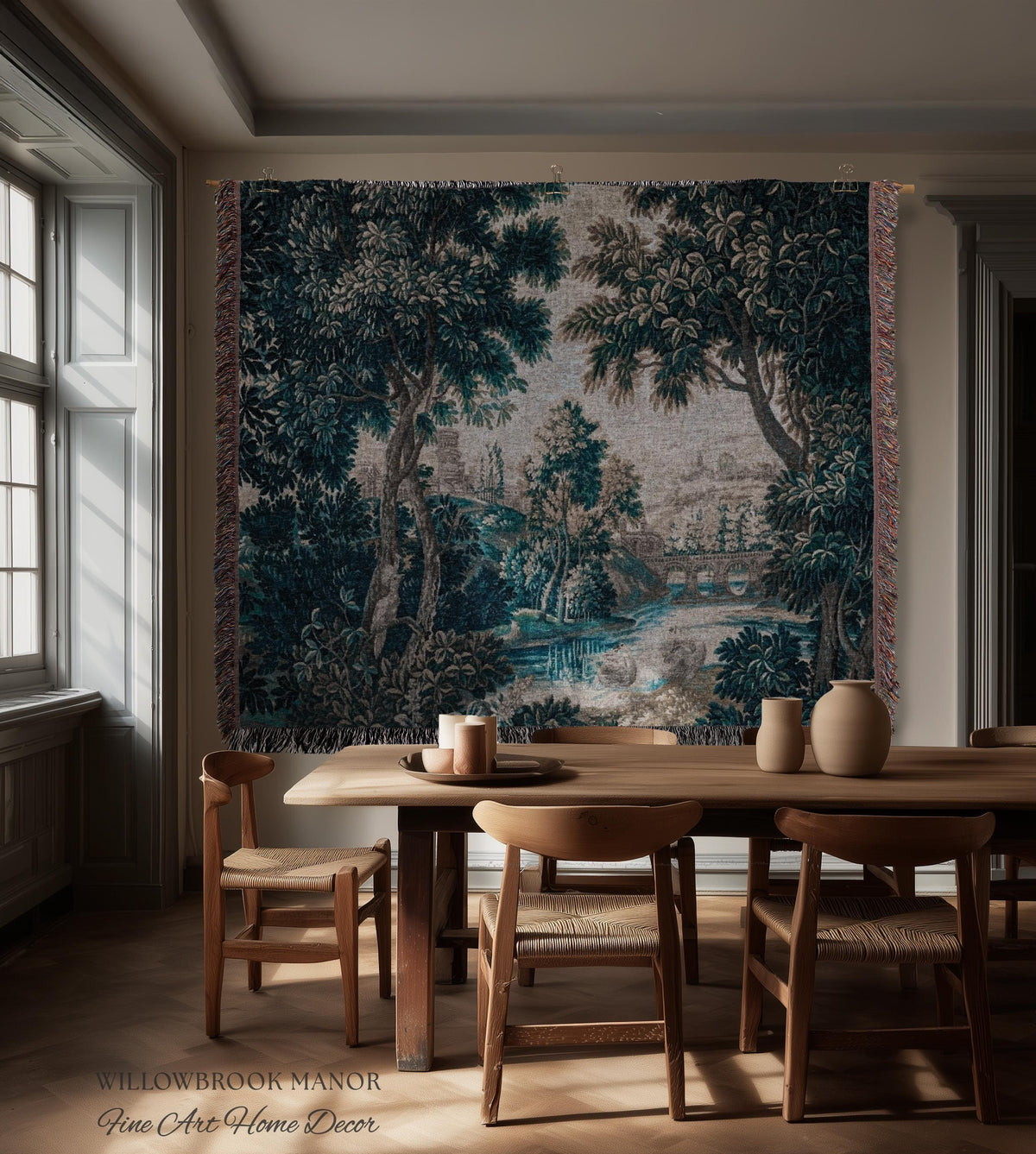 Flemish Woven Verdure Countryside Tapestry Pastoral Nature Art | European Antique Woodland Estate Landscape Scenic River View Heritage Decor