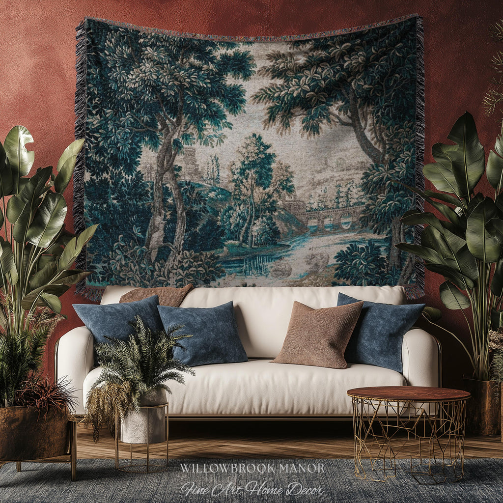 Flemish Woven Verdure Countryside Tapestry Pastoral Nature Art | European Antique Woodland Estate Landscape Scenic River View Heritage Decor