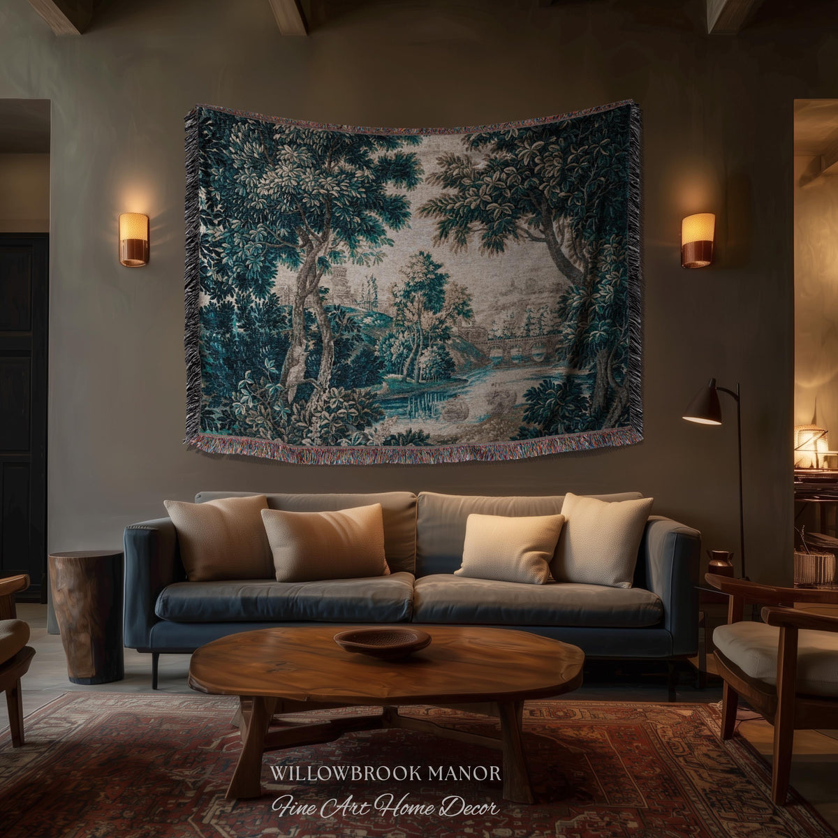 Flemish Woven Verdure Countryside Tapestry Pastoral Nature Art | European Antique Woodland Estate Landscape Scenic River View Heritage Decor