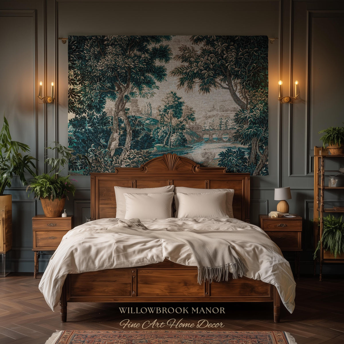 Flemish Woven Verdure Countryside Tapestry Pastoral Nature Art | European Antique Woodland Estate Landscape Scenic River View Heritage Decor