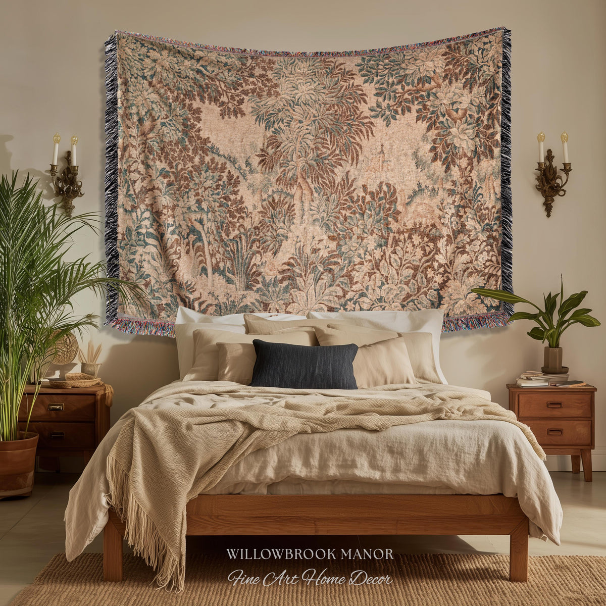 Natural Botanicals Old World Jacquard Woven Tapestry | Heritage Home Neutral Wall Hanging Soft Luxury Golden Rustic Throw Blanket French Art
