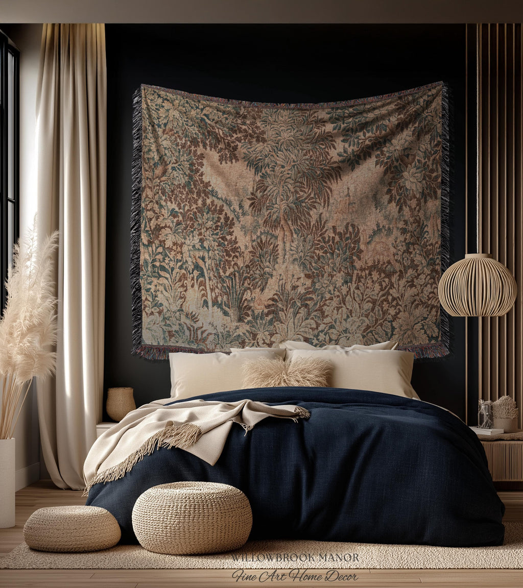 Natural Botanicals Old World Jacquard Woven Tapestry | Heritage Home Neutral Wall Hanging Soft Luxury Golden Rustic Throw Blanket French Art