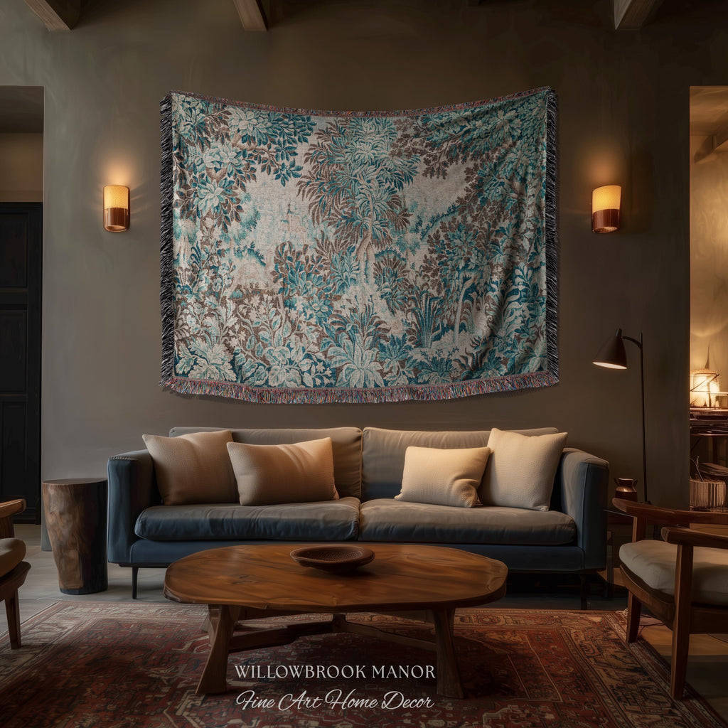 Ethereal Woodland Teal Blue French Tapestry Aubusson Chateau Style Textile Wall Decor | Tranquil Scene Vintage Verdure Forest Landscape Art