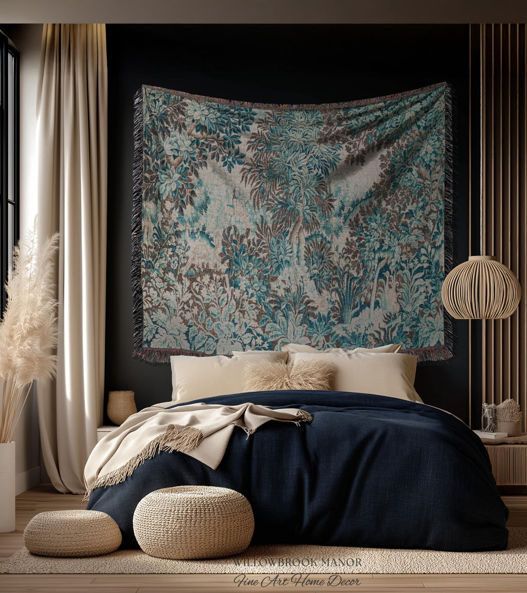 Ethereal Woodland Teal Blue French Tapestry Aubusson Chateau Style Textile Wall Decor | Tranquil Scene Vintage Verdure Forest Landscape Art