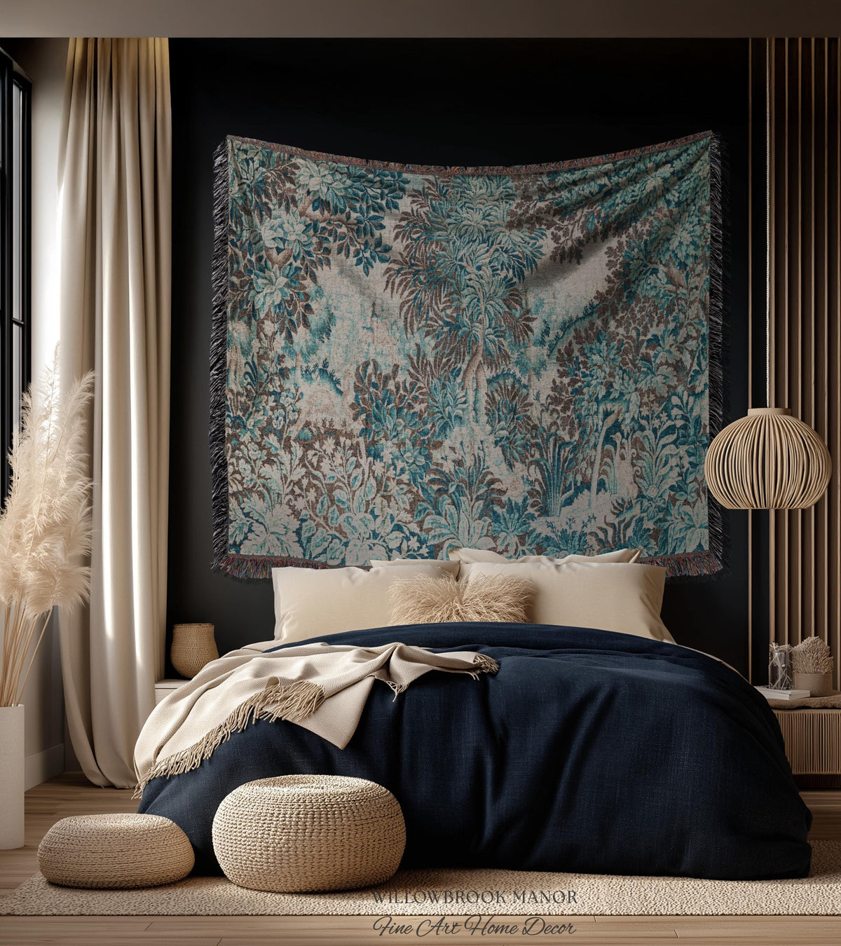 Ethereal Woodland Teal Blue French Tapestry Aubusson Chateau Style Textile Wall Decor | Tranquil Scene Vintage Verdure Forest Landscape Art