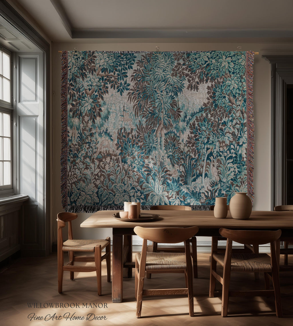 Ethereal Woodland Teal Blue French Tapestry Aubusson Chateau Style Textile Wall Decor | Tranquil Scene Vintage Verdure Forest Landscape Art