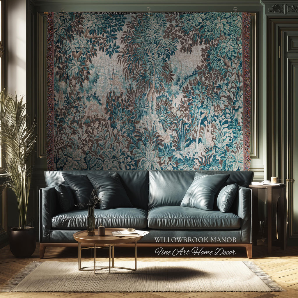 Ethereal Woodland Teal Blue French Tapestry Aubusson Chateau Style Textile Wall Decor | Tranquil Scene Vintage Verdure Forest Landscape Art