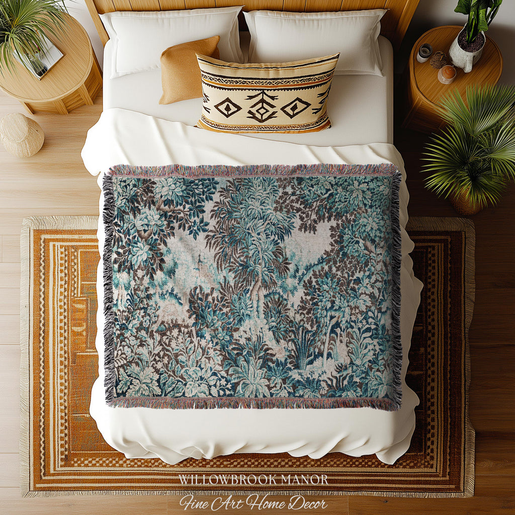 Ethereal Woodland Teal Blue French Tapestry Aubusson Chateau Style Textile Wall Decor | Tranquil Scene Vintage Verdure Forest Landscape Art